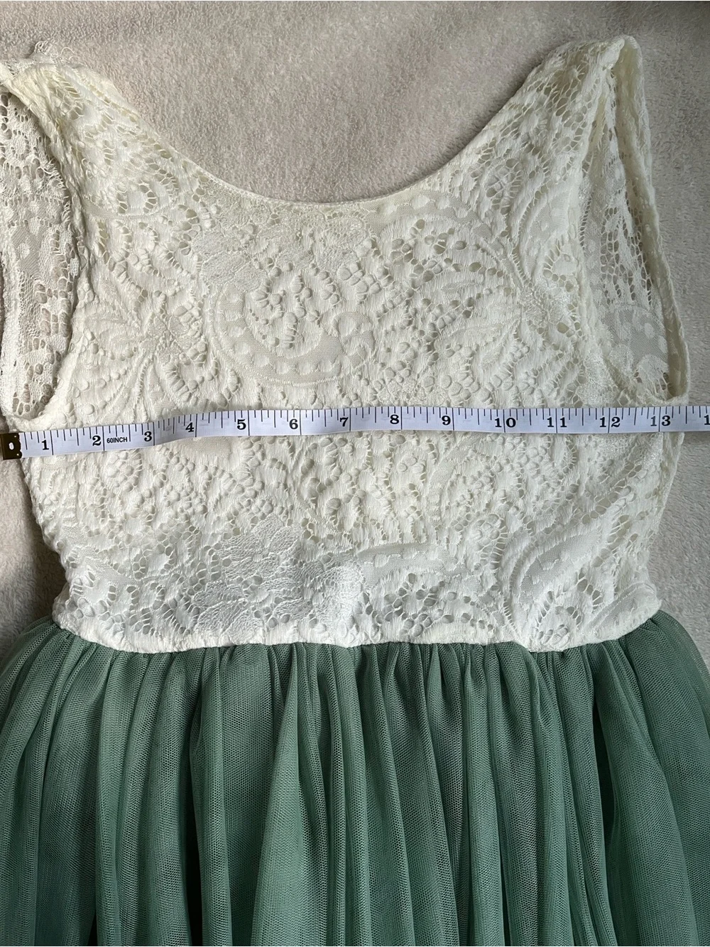 Girls Lace Bodice Tulle Maxi Dress in White and Green